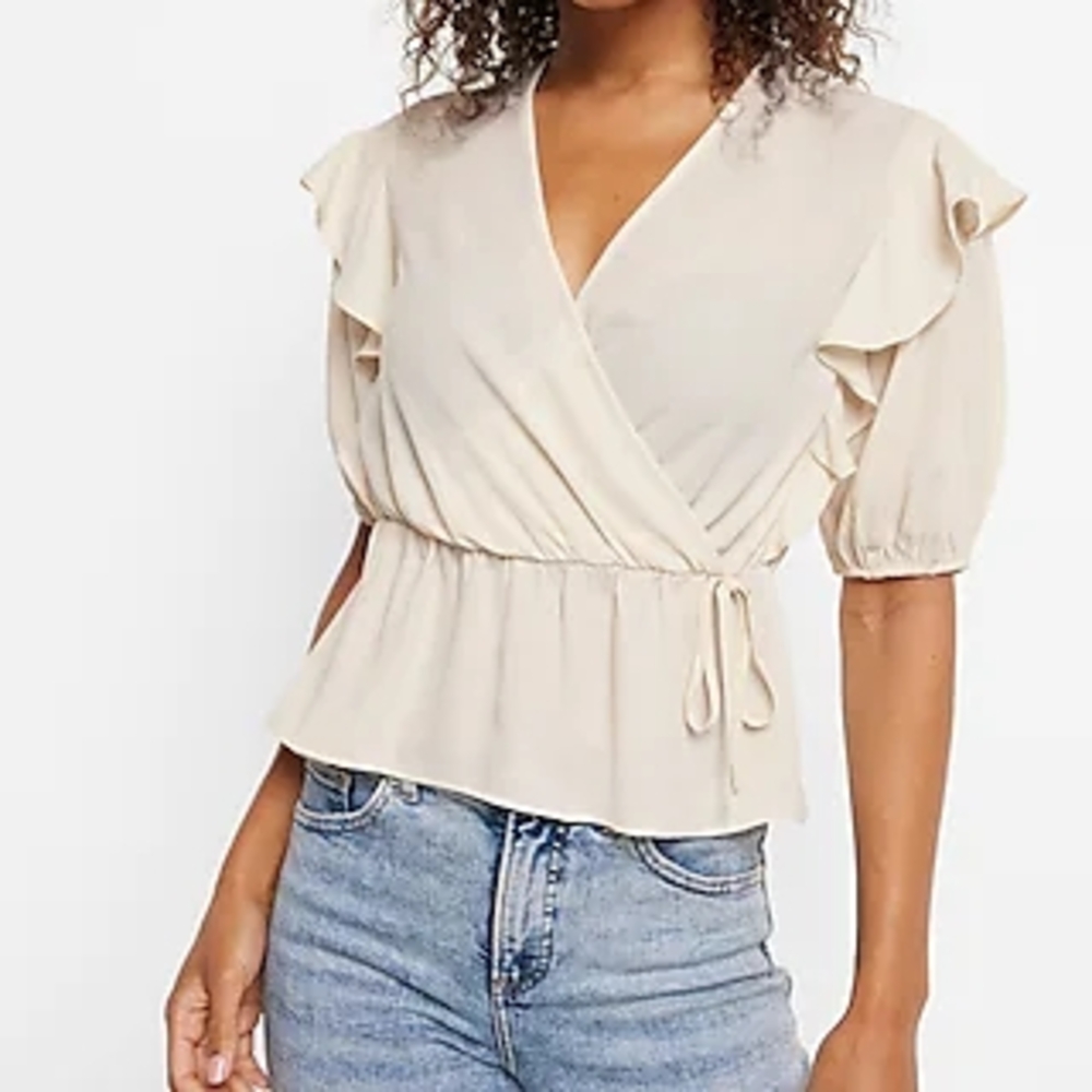 EXPRESS Cream Wrap Top